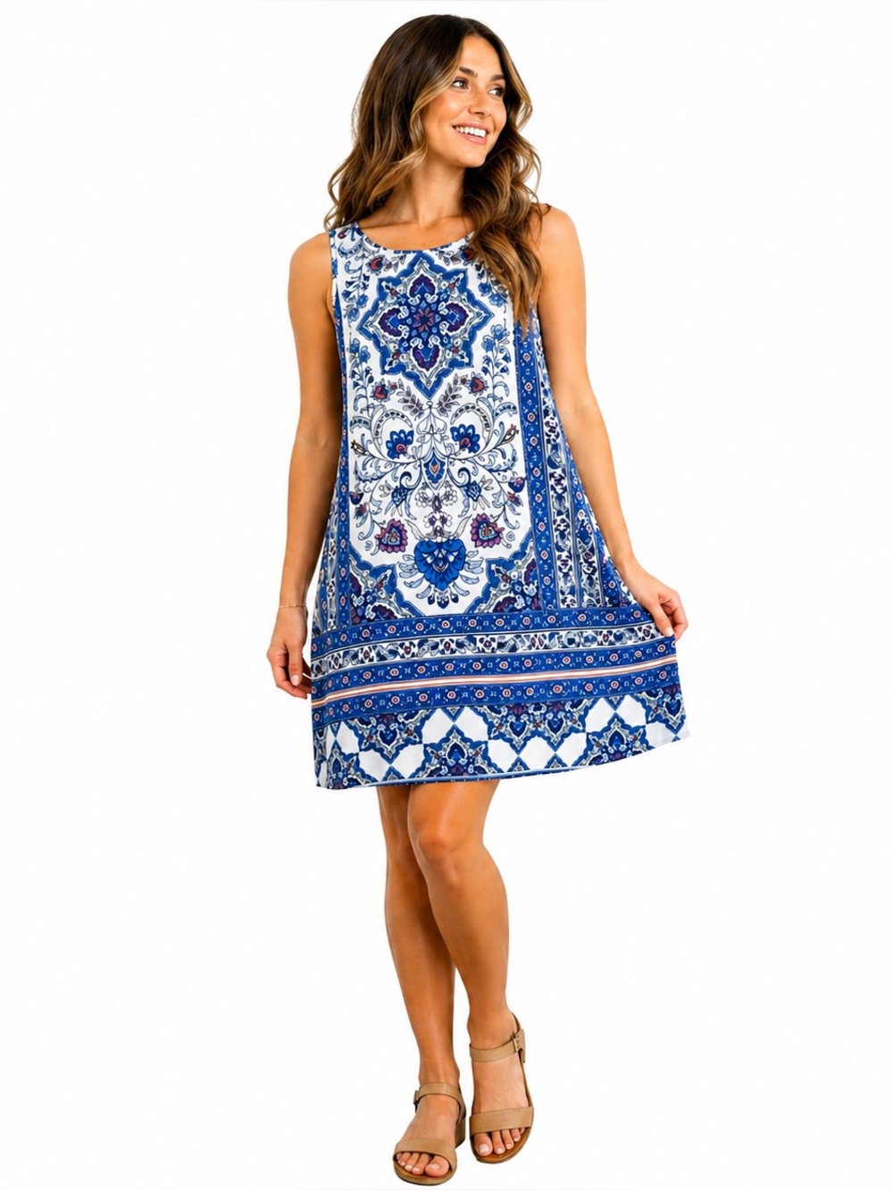 I.N. San Francisco Blue Floral Medallion Shift Dress Small Boho